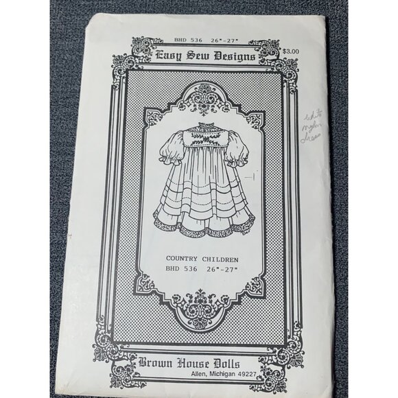 Easy Sew Designs Country Children Dress Pattern BHD 536 26"-27" Doll 1970s - Picture 1 of 3